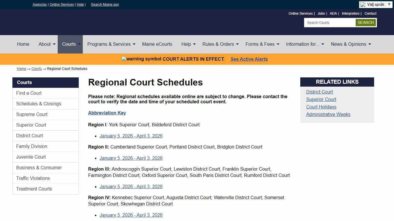 Regional Schedules: State of Maine Judicial Branch